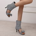 thumbnail image 6 of SACFOF Women's Peep Toe Stiletto Denim Sandals Summer Booties Lace Up Thin Heels Back Zip Tassel Pumps, 6 of 6