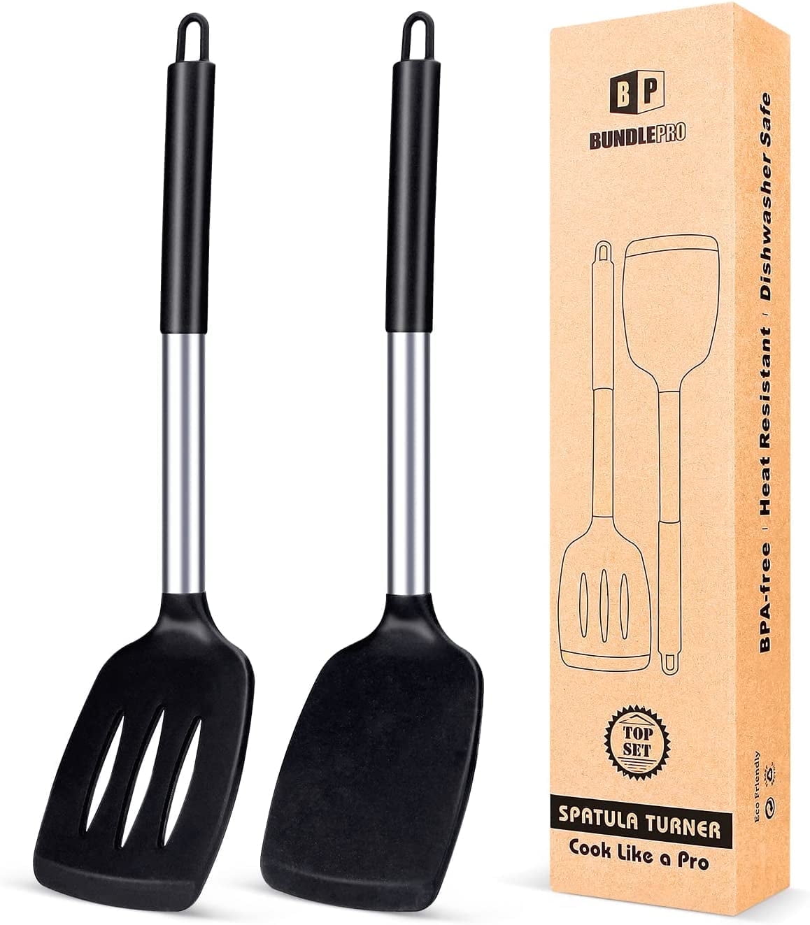 Bundlepro Pack of 2 Silicone Spatulas Turners, Non Stick Slotted and Solid Kitchen Utensils, Black