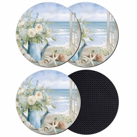 Coastal Floral Coasters Set of 4 Absorbent Coasters for Drinks Summer Beach Starfish Seashells Ocean Coaster for Desk Coffee Table Protection Home Decor House Warming Gifts 4