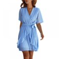 thumbnail image 4 of Women Faux-Wrapped Polka-Dot V-Neck Short-Sleeved High-Waist A-Line Ruffled Hem Plain Belt Short Dress, 4 of 9