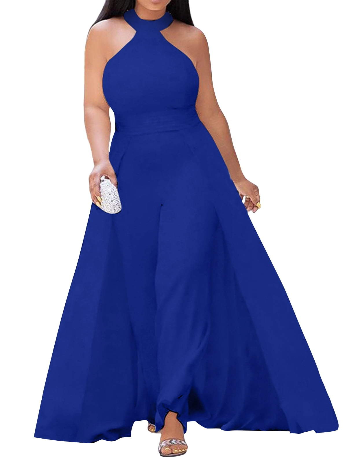 VONDA Women's Sleeveless Halter Neck Swing Hem Elegant Jumpsuits Dress