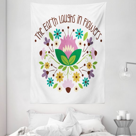 Coneflower Tapestry, The Earth Laughs in Flowers Typography with Graphical Ornamental Flowers, Wall Hanging for Bedroom Living Room Dorm Decor, 60W X 80L Inches, Multicolor, by Ambesonne