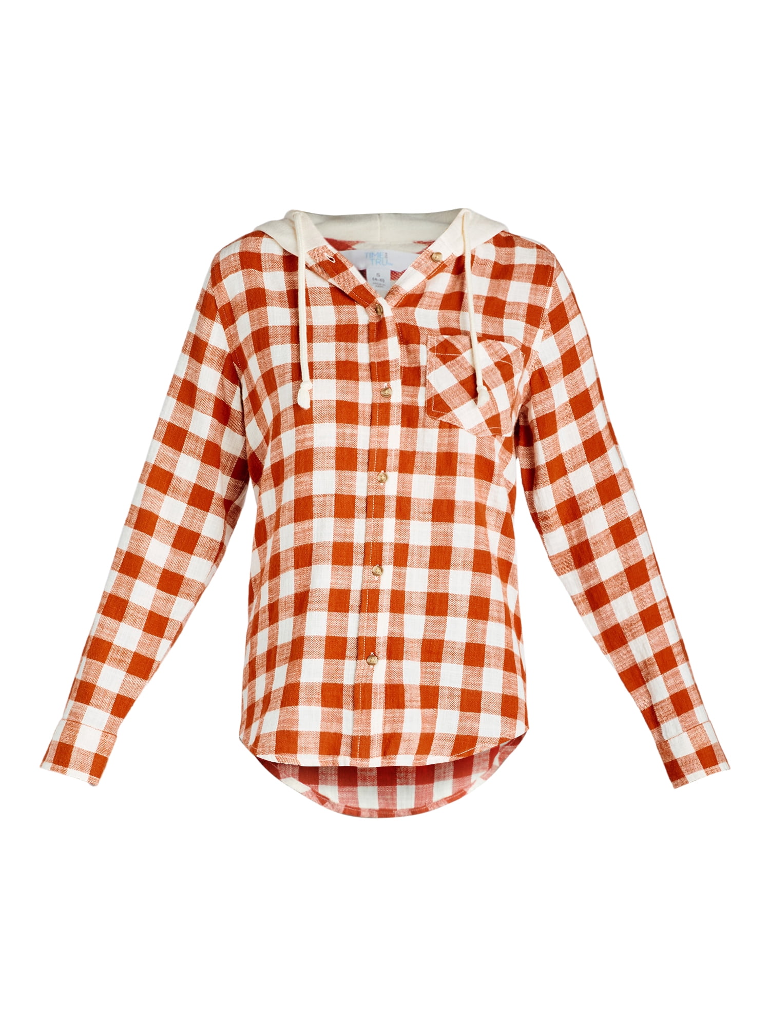 Time and Tru Women's Hooded Flannel Button Down Shirt with Long Sleeves, Sizes XS-XXXL