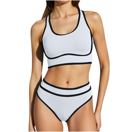 Maplenight Women s High Waisted Bikini Sets Sporty Two Piece Swimsuits Color Block Cheeky High Cut Bathing Suits