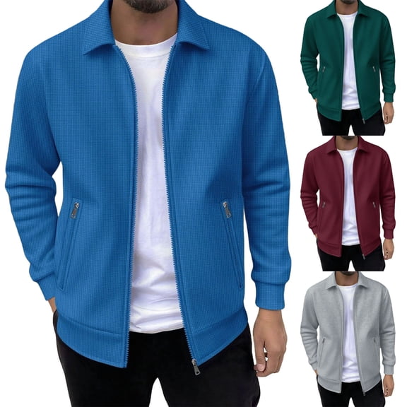 LWITHSZG Jackets for Men Lightweight Athletic Zip up Jacket Fall Winter Fashion Waffle Knit Tops Long Sleeve Casual Outerwear with Zipper Pockets