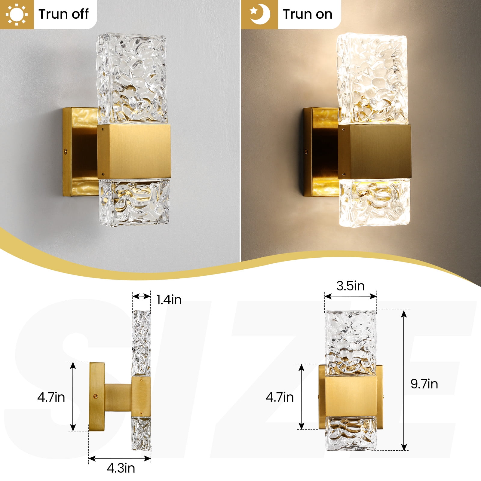 KAISITE Modern 4000K LED  Vanity Lights Brushed Gold  10W  Rectangle Carved Crystal Wall Light, for Bathroom Bedroom Living Room