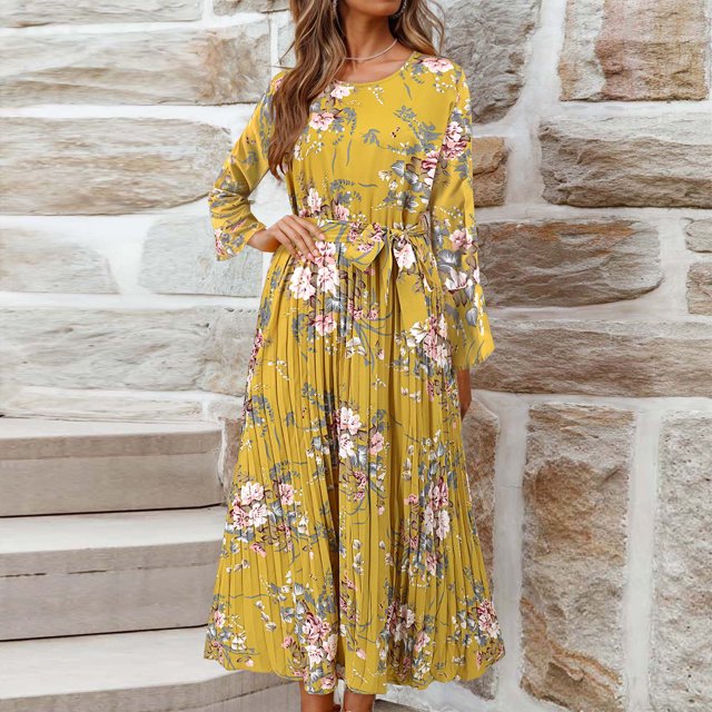 Ovzne Robes pour Femmes Robe Mode Femmes Imprimé Floral Col Rond Lacé Manches Longues Évasées Taille Rétractable Robe Plissée Grande Taille Robe Manches Longues Imprimée Liquidation