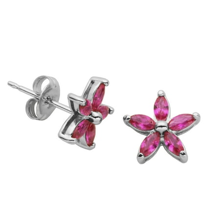 Sterling Silver Created Ruby Flower Earrings