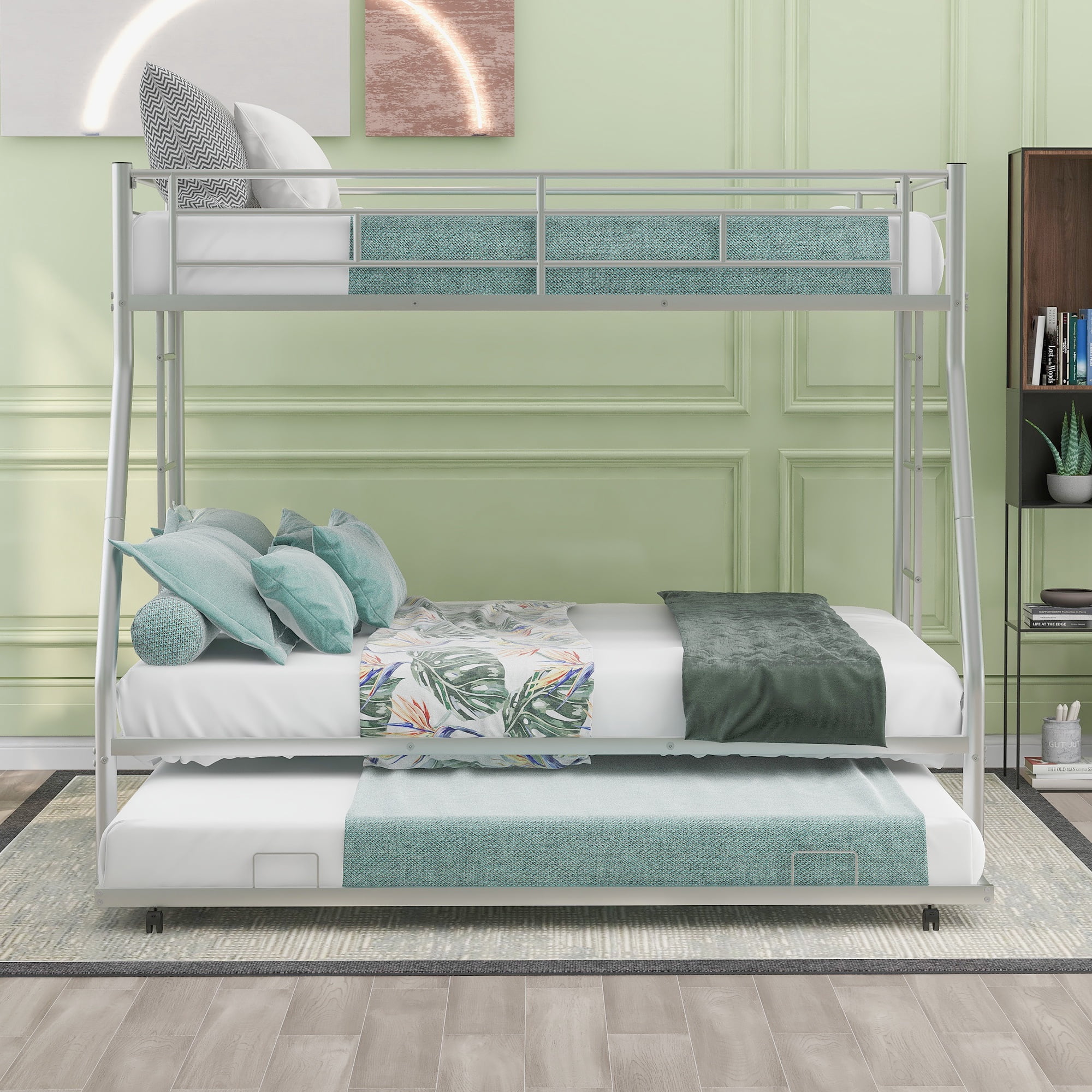 PORKISS Metal Twin Over Full Bunk Beds with Trundle Bed, Bunk Beds for Kids Teens Adults with Ladders, No Box Spring Needed, Silver