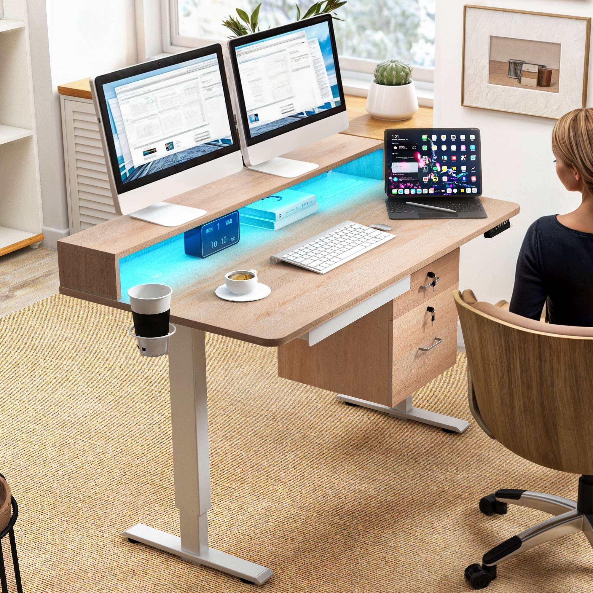 Dextrus 48" x 24" Height Adjustable Standing Desk with Monitor Stand & LED Light , Electric Stand up Table with Drawers & Power Outlets, Oak