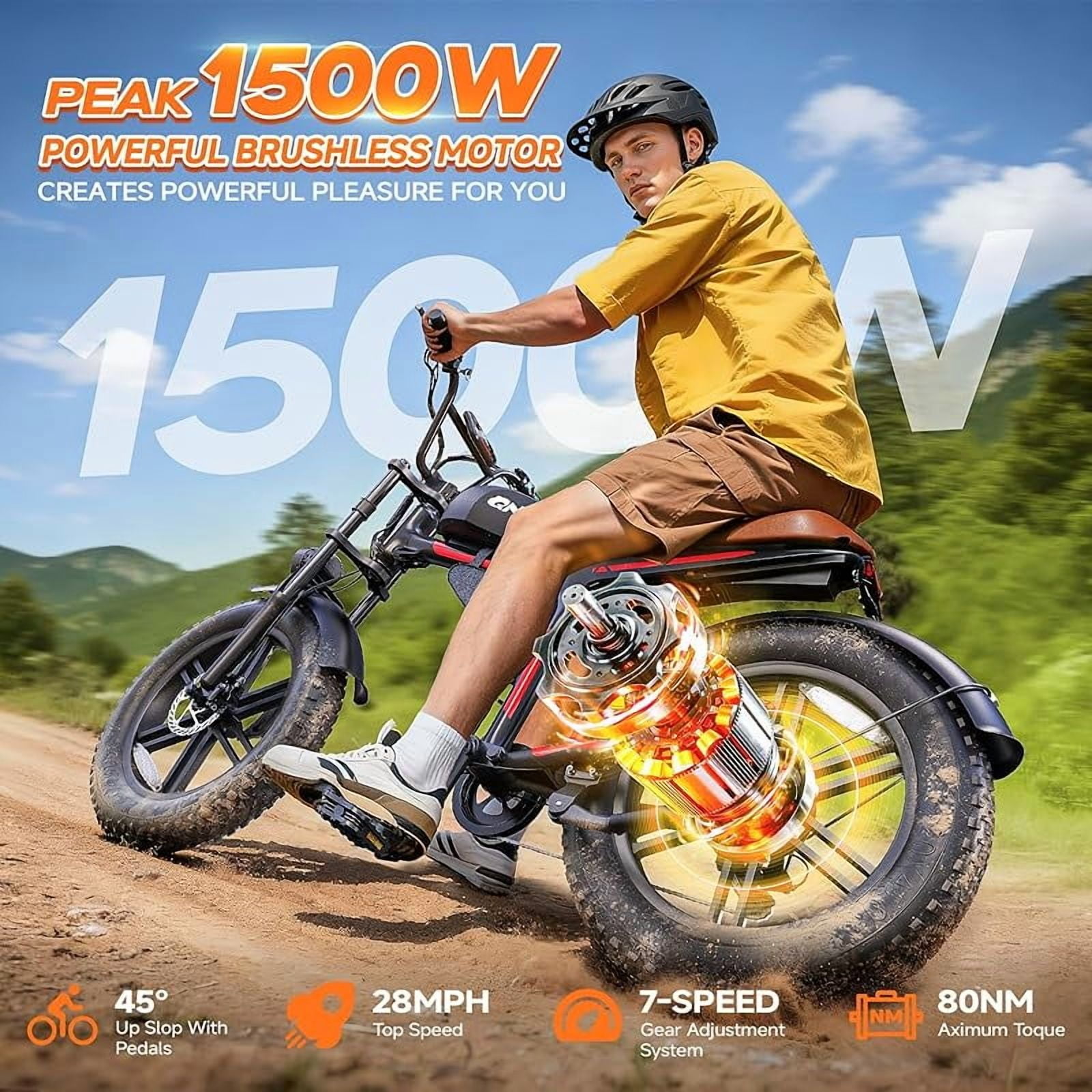 Large Electric Bicycles for Adults - 1500W Peak Motor 28MPH Speed, 48V 18Ah Battery, 60-90 Miles Range, 7-Speed Transmission, 20"x4.0" Retro Motorcycle Design for City & Trail Riding