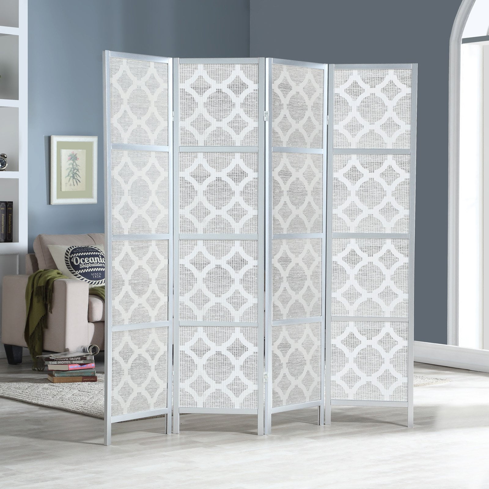 Roundhill Furniture Quarterfoil Infused Diamond Design 4 Panel Room Divider, 70" Tall, Gold