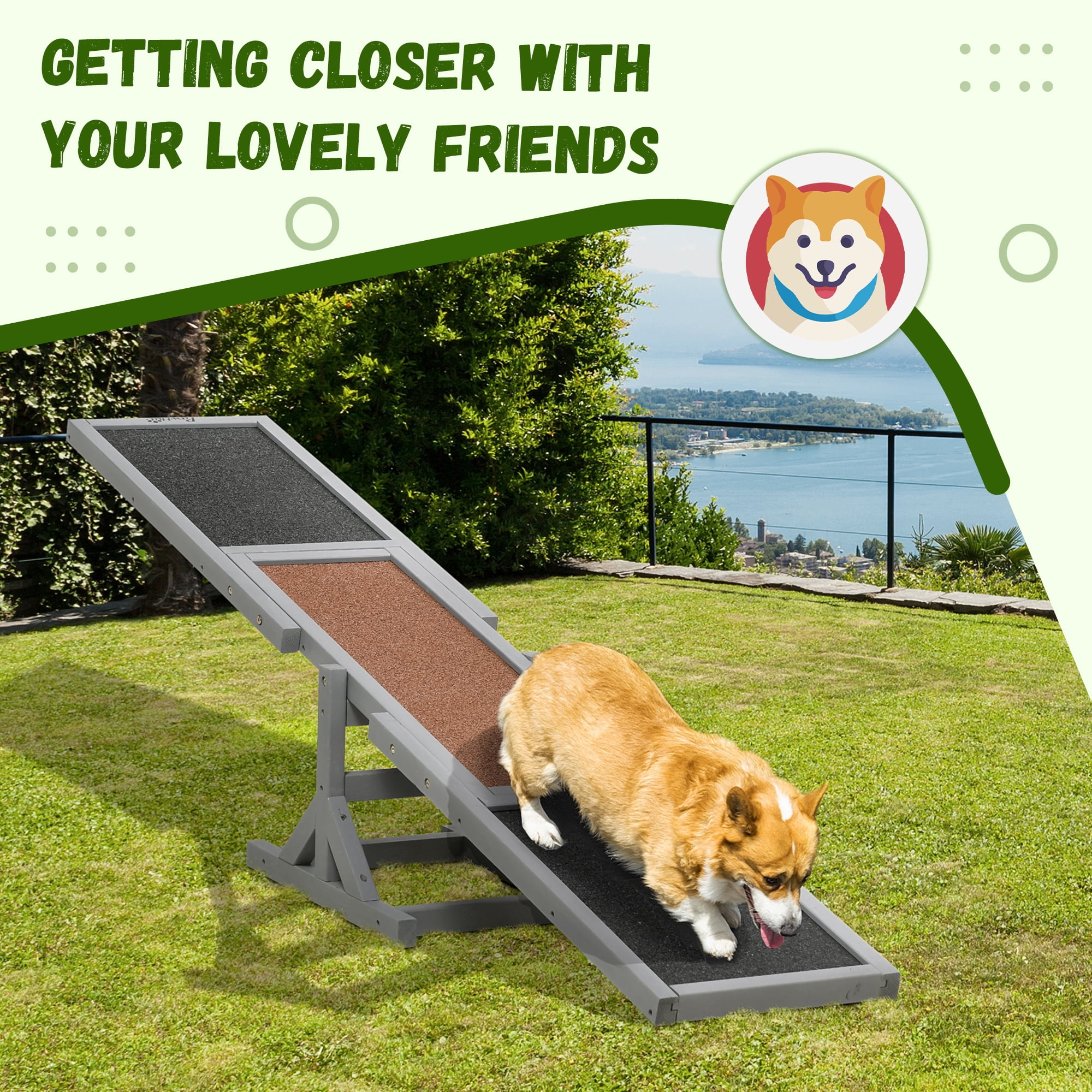 Wooden Dog Agility Seesaw, 71" Pet Training Exercise Teeter Totter, Weather Resistant Outdoor Platform Toy with Anti-Slip Surface, Gray for All Sized Dogs