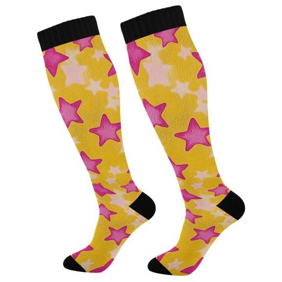 FORMRS Womens Knee High Socks Casual Long Thick Travel Daily Wear, 1 Pair, Large Pink Stars