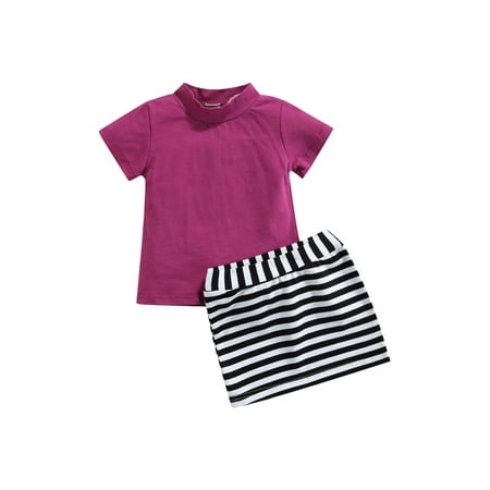 

Bowanadacles Little Girl Round Neck Solid Short Sleeve T-Shirt with Striped Skirt