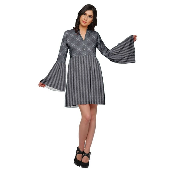 Moomaya Pleated Dress For Women Plus Size Mini Dress With Long Bell Sleeve