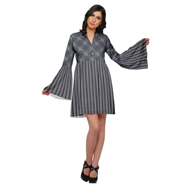 Moomaya Robe Droite Mini à Manches Longues Évasées Imprimée pour Femmes Vêtements d'Été