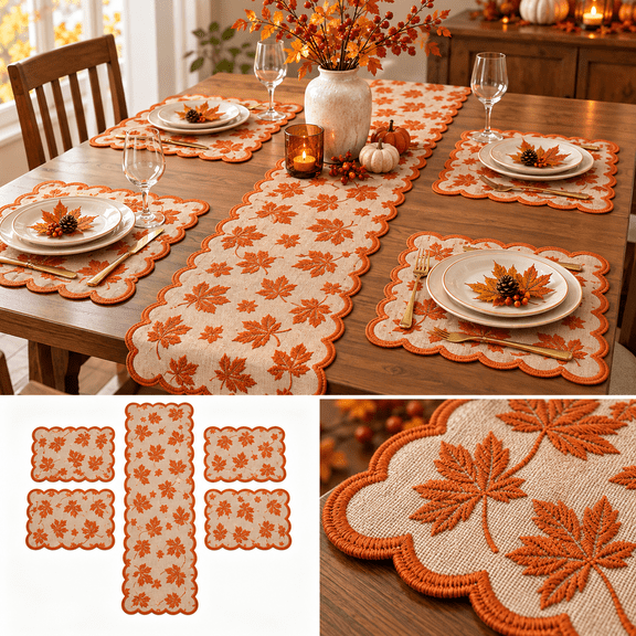 5PCS Thanksgiving Table Runner and Placemats Set with Autumn Leaf Pattern for Dining Room Kitchen Harvest Table Decor