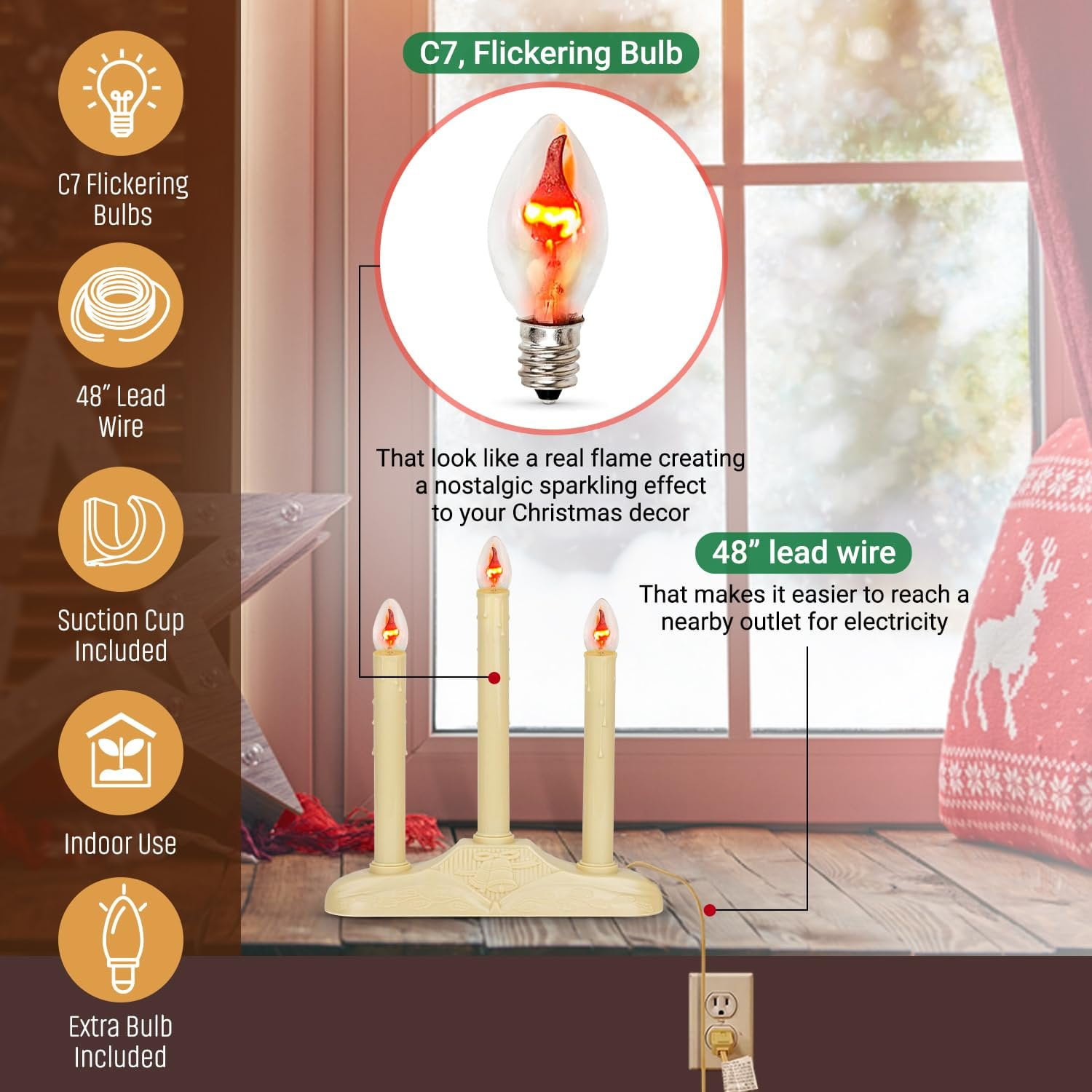 Tupkee Christmas Candolier Window Candles  with Flickering Bulbs  3-Lights Indoor -Flameless Electric Window Candles Candelabra