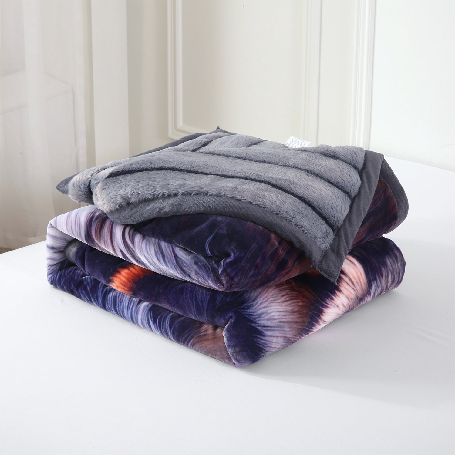 NC Faux Fur & Warm Fleece Blanket King Size 85"x93", A & B Printed Patterns 3-Ply Heavy Thick Microfiber Plush Blanket 8.5LB, Wolf & Gray