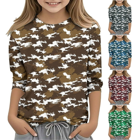 MKOSPLRT 3-12 Years Kids Tops 3/4 Sleeve Cute Shirts Crew Neck Funny Camo T Shirts Casual Graphic Tees Back to School Blouses