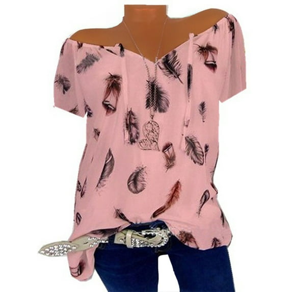 Uhndy Summer Women Feather Print Shirts Chiffon Blouse Lantern Sleeve Tops Drawstring Adjustable V-Neck Loose Female Clothing
