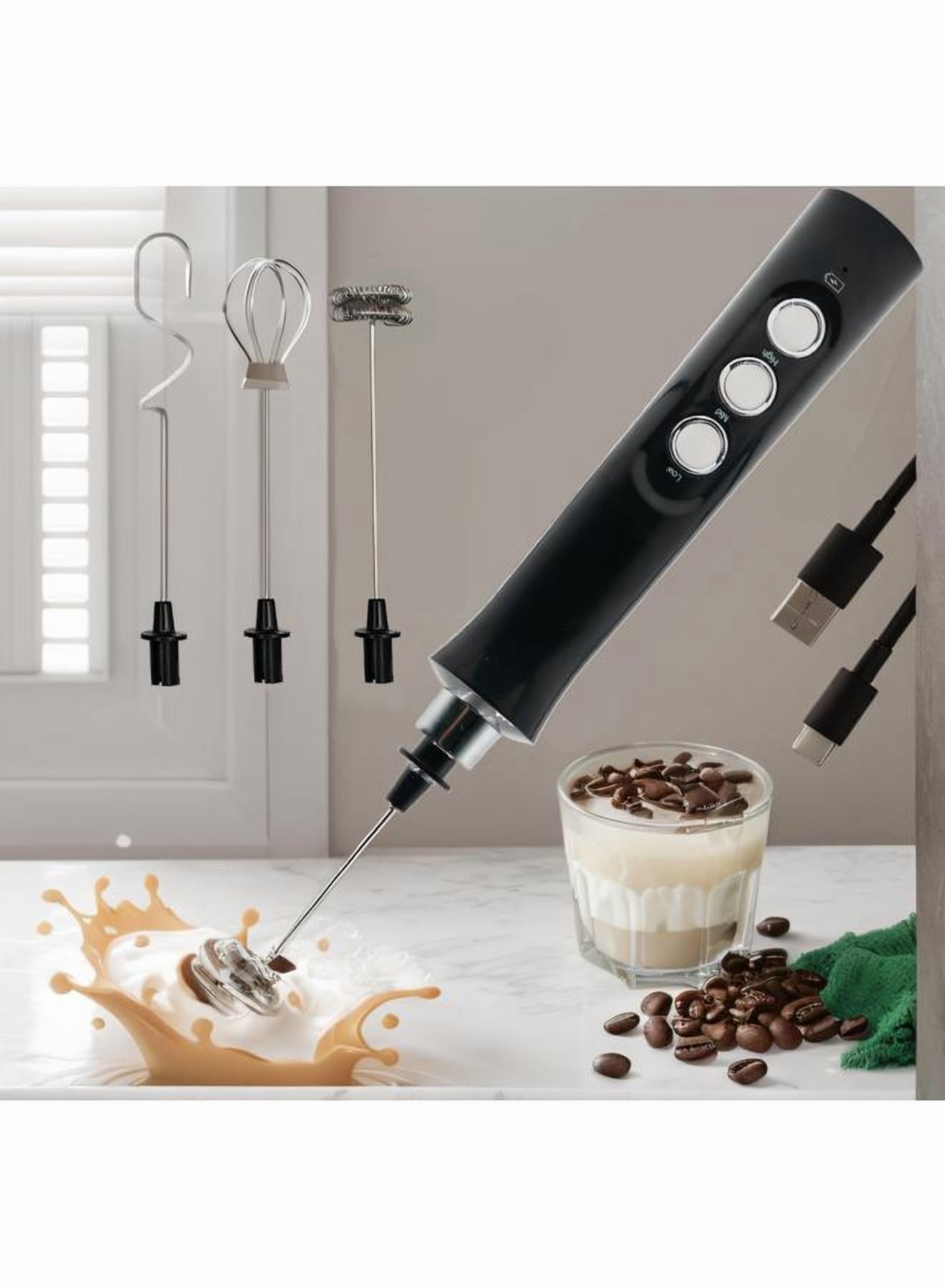 Electric Milk Frother Maker With Whisk Set Black/Silver，USB Electric Drink Mixer Handheld Matcha Whisk Set, Mini Blender Coffee Frother Wand Lattes, Powerful Hand Held Mixer Wand Frother - Black