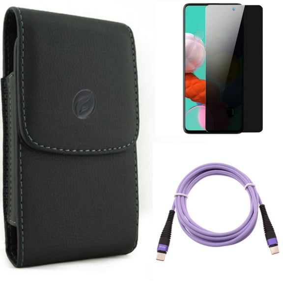 Privacy Screen Protector & Purple 6ft PD Cable & Case Belt Clip for Samsung Galaxy S20 Fan Edition - Tempered Glass Anti-Spy   Type-C to USB-C Long Charger Cord   Leather Holster Combo