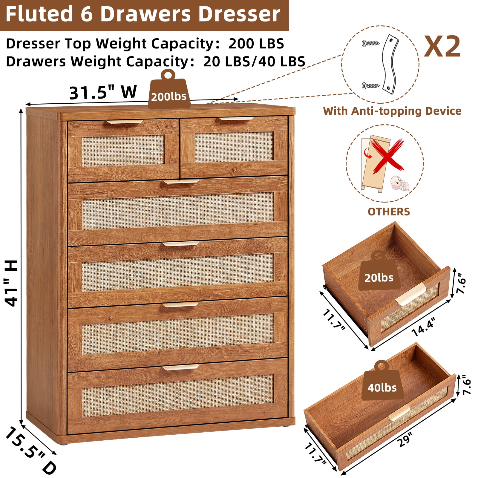 6 Drawer Tall Dressers, Rattan Dresser with Large Storage Space Boho Dressers & Chests of Drawer Wooden Dressers for Bedroom, Tea Brown