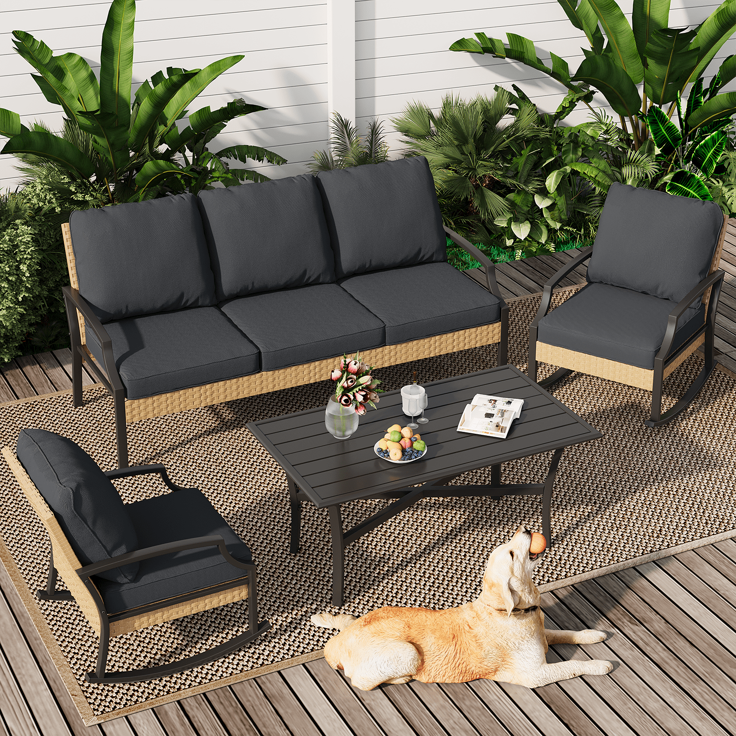 AECOJOY Patio Furniture Sets On Sale,Metal Outdoor Furniture Sets Clearance,Wicker Rattan Patio Conversation Sets For Porch, Garden and Backyard,Dark Grey