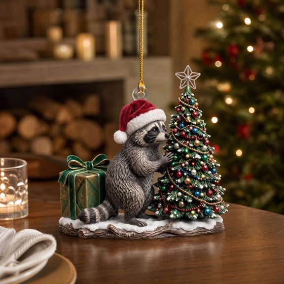 Christmas Raccoon Funny Hanging Decorations, Cottagecore Cute Raccoon Xmas Tree Pendants Lightweight Shatterproof Whimsical Animal Decor for Home Tree Window Indoor Party Decoration