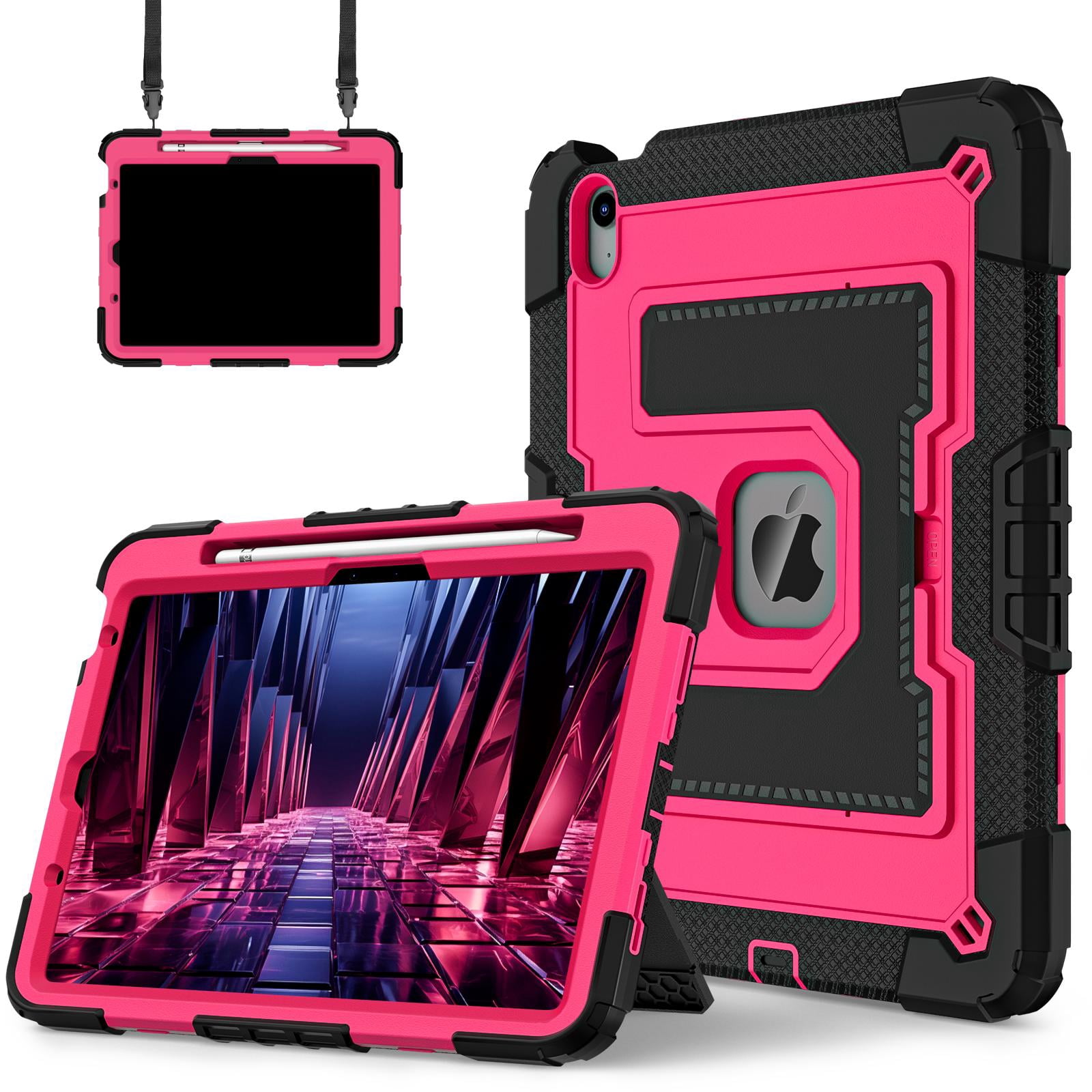ELEHOLD 3-Layer Rugged Case For Apple iPad Air 11‑inch (M4) 2026, Heavy Duty Shockproof Logo Visible Foldable Kickstand Drop Protection Cover with Pencil Holder + Shoulder Strap, Black+Rose