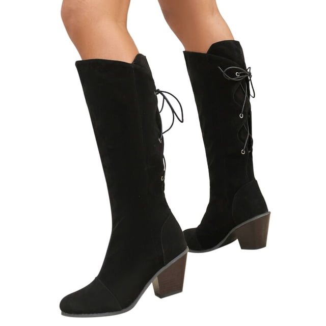 LSLJS Grandes Bottes de Chevalier à Talon Épais pour Femmes avec Lacets à l'Arrière, Bottes Mi-Mollet à Cales pour Femmes