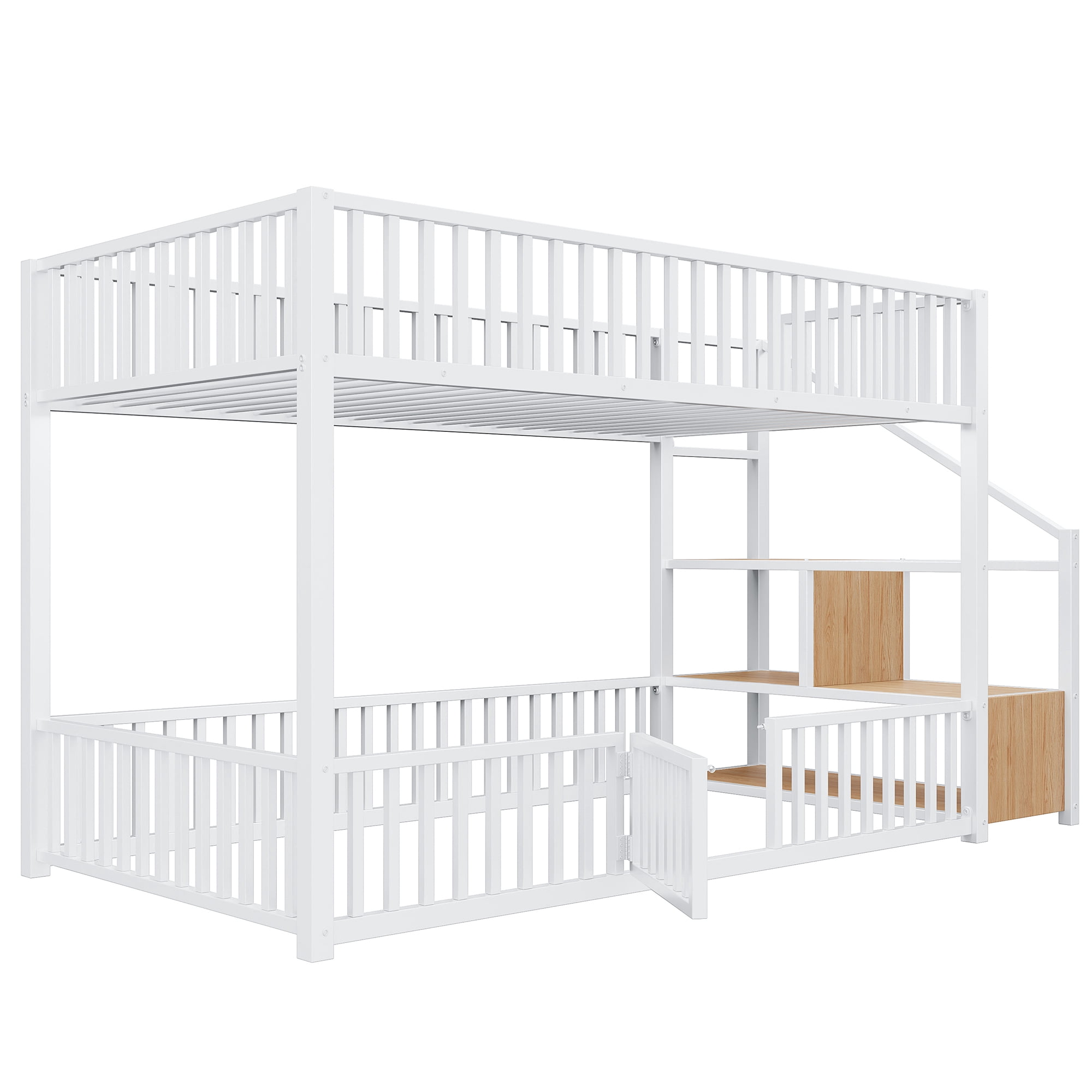 Euroco Metal Twin over Twin Bunk Bed with Staircase and Guardrails, White