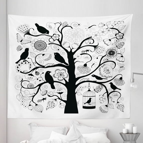 Black White Tapestry, Tree with Swirling Branches Flowers Birds and a Bird Cage, Fabric Wall Hanging Decor for Bedroom Living Room Dorm, 5 Sizes, Black and White, by Ambesonne