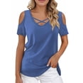 thumbnail image 3 of Womens Summer Shirts V Neck Criss Cross Cold Shoulder Tops Blouse, 3 of 5