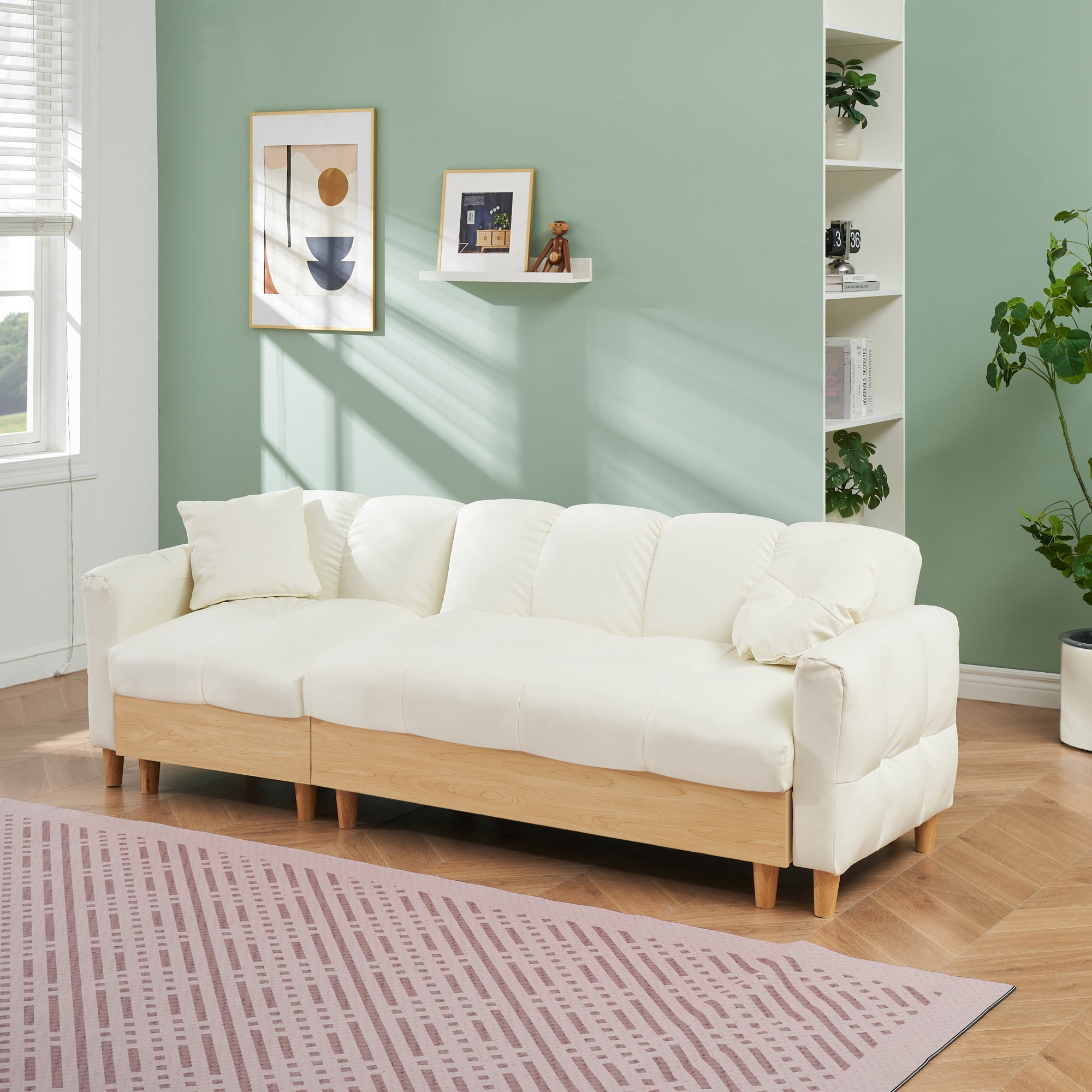 Overstuffed Sofa Couch,3 Seater Tech Cloth Upholstered Convertible Sofa Couches with Drawer and Storage Seatbase,Adjustable Backrests and Pillows, Comfy Couch for Living Room,Beige