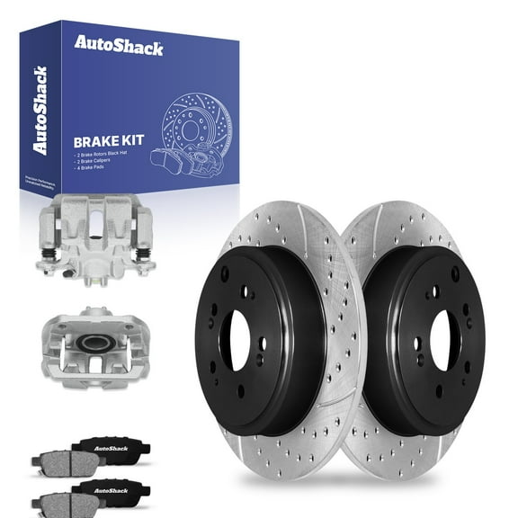 AutoShack Rear Drilled & Slotted Brake Rotors Ceramic Brake Pads Calipers | Replacement for 2006-2014 Honda Ridgeline 3.5L V6 AWD | E-Coated | 8-PC Brake Kit | ShadowGuard