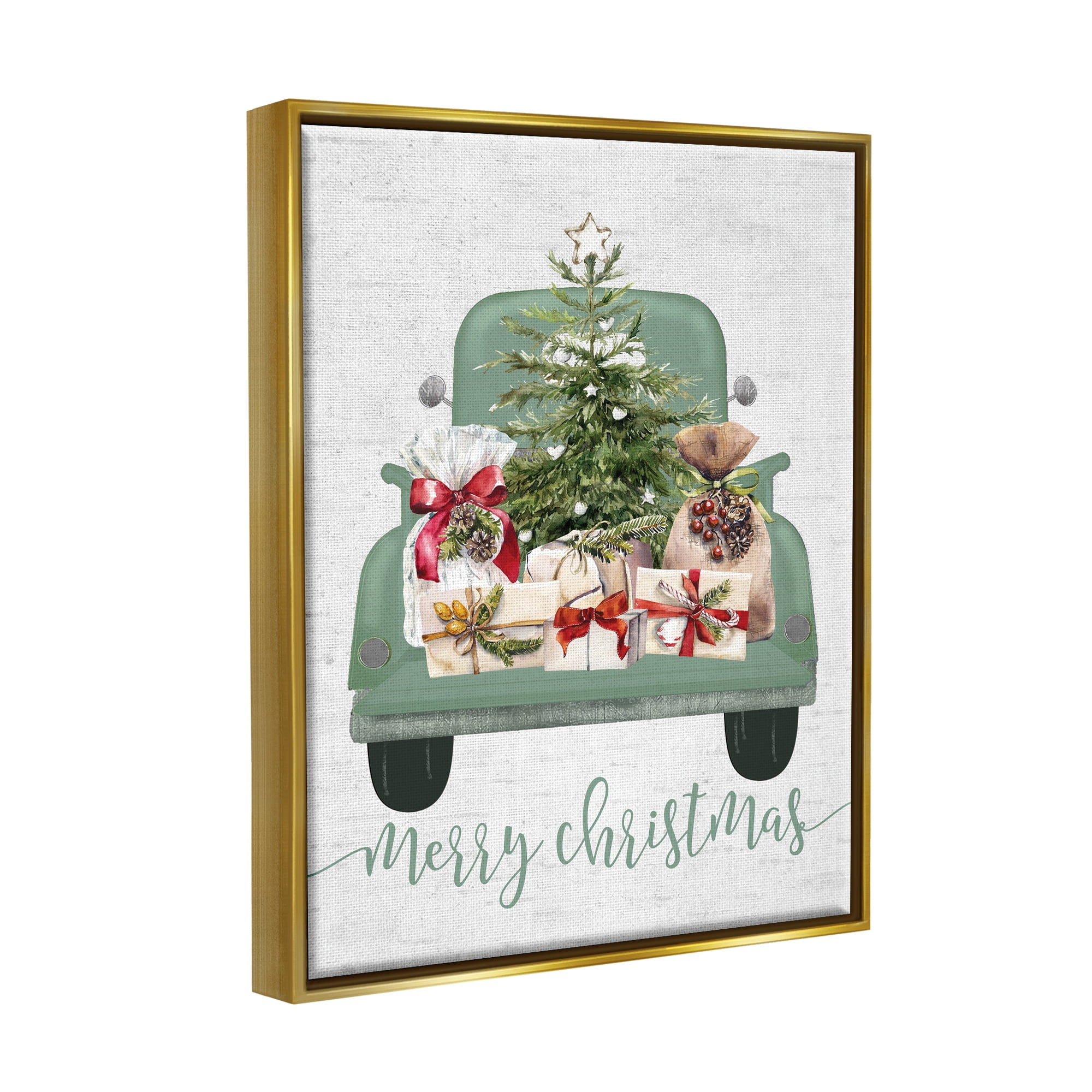 Stupell Industries Merry Christmas Truck Holiday Painting Gold Floater Framed Canvas Art Print Wall Art, 25 x 31