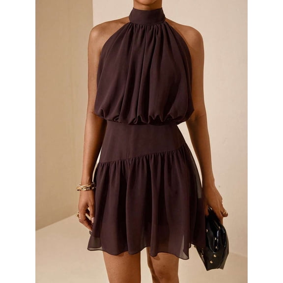 Women's Sleeveless Halter Neck Chiffon Mini Dress with Back Tie