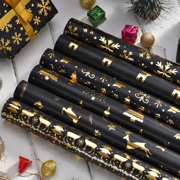 Christmas Gift Wrapping Paper - Christmas Foil Wrapping Paper - 50cm X 70cm - Gold and Black Reindeer, Christmas Tree, Snowflake Pattern, the Ultimate Choice for Holiday Gifts, Party Decorations