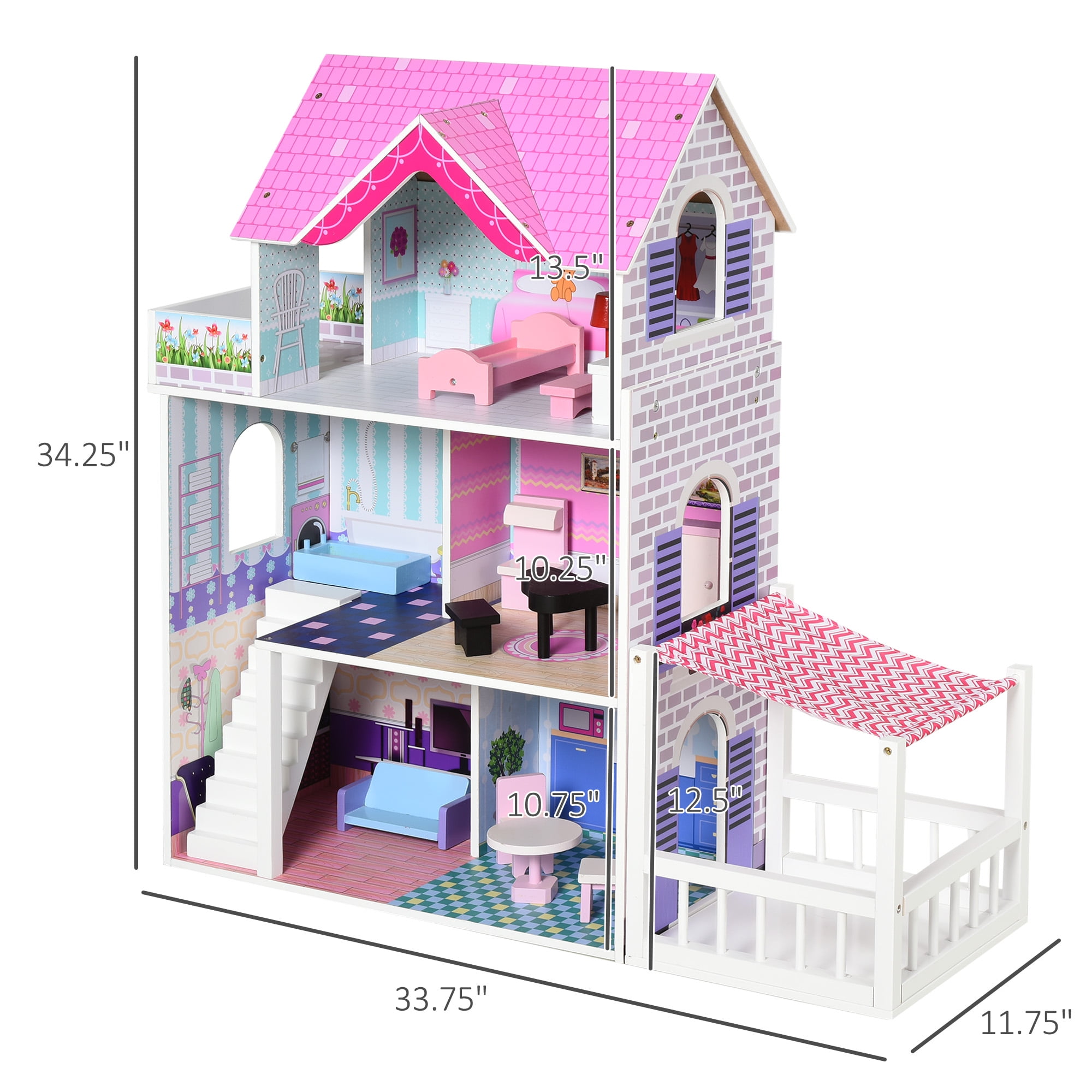 Qaba 2.9ft Kids Wooden Dollhouse Dreamhouse Villa with Patio Dollhouse with Furniture Accessories Kit for Toddler Girls Multi level House for Children Pink Walmart