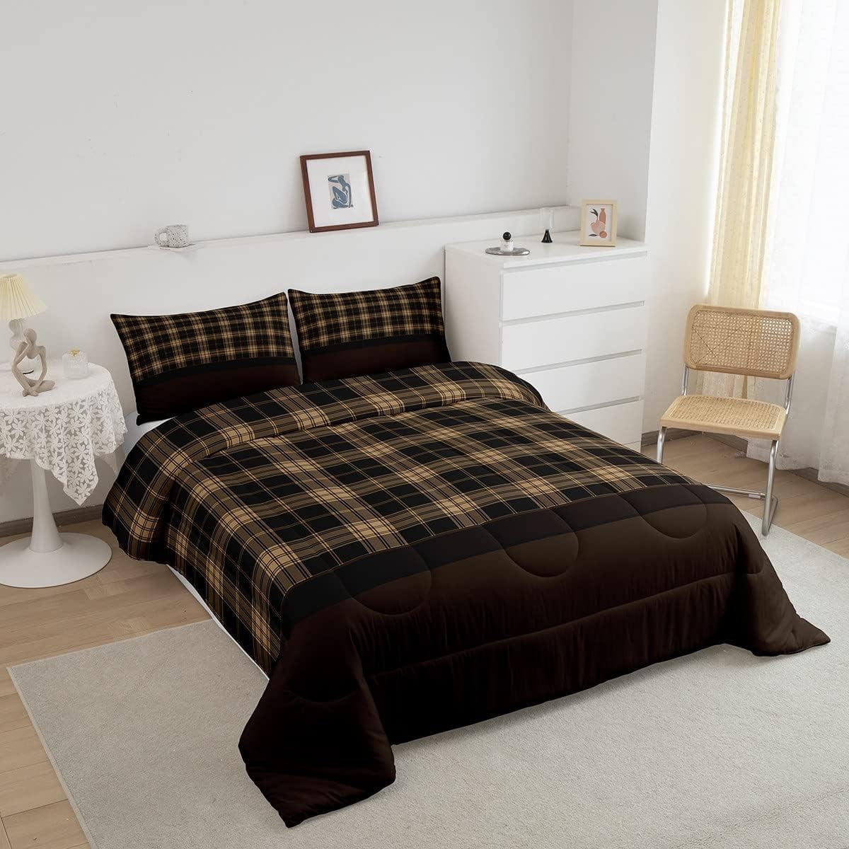 Vintage Bedding Sets,Rustic Comforter Set ,Farmhouse Plaid Check Quilt Set for Cabin Lodge,Geometric Lattice Duvet Insert with 1 Pillow Sham Warm,King,Brown