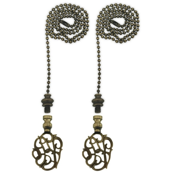 Royal Designs Fan Pull Chain with Hand Carved Caste Floral Finial – Antique Brass – Set of 2