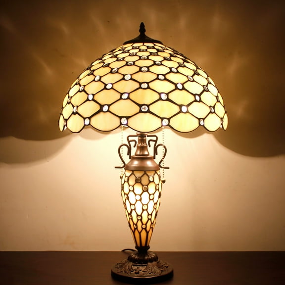 Tiffany Style Table Lamp W16H24 Inch Tall Stained Glass Crystal Pear Bead Lampshade Antique Night Light Base S005  LAMPS Lover Living Room Bedroom Office Study Reading Desk Nightstand Gifts