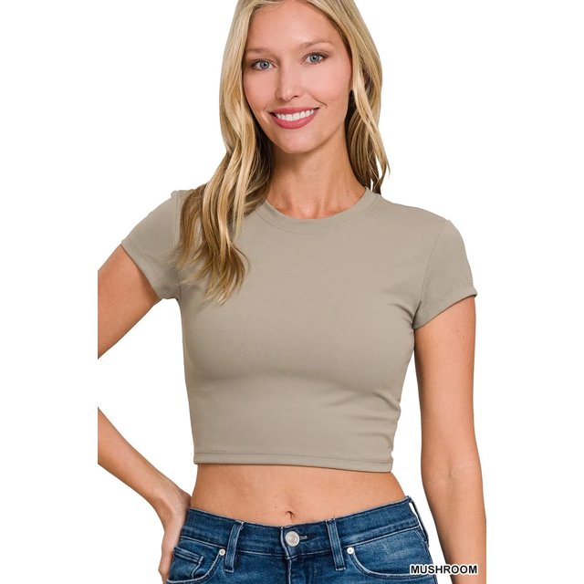 I AM A FASHION JUNKY Zenana Cropped Interlock Short Sleeve Top (MUSHROOM, M)