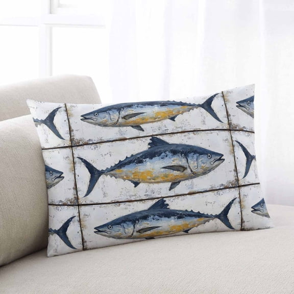 Retro Fish Coastal Throw Pillow Cover, Pillowcase Protectors with Zipper, Breathable Decorative Lumbar Pillow Case Cover, Vintage Summer Beach Nautical Ocean Pillow Shams for Couch Sofa 12x20Inch