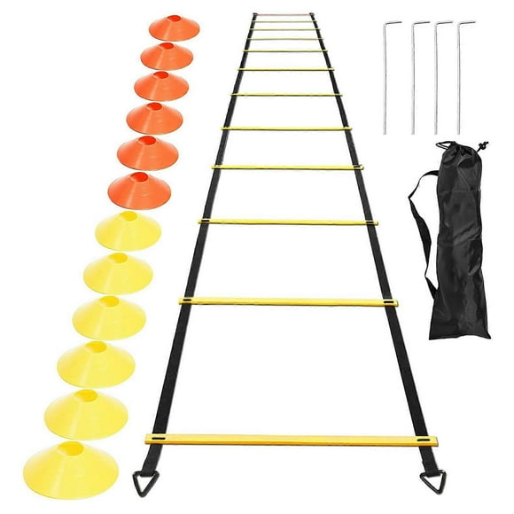 Sports Speed Agility Training Set 12 Disc Cones 4 Steel Stakes and Agility Ladder for Football Bask