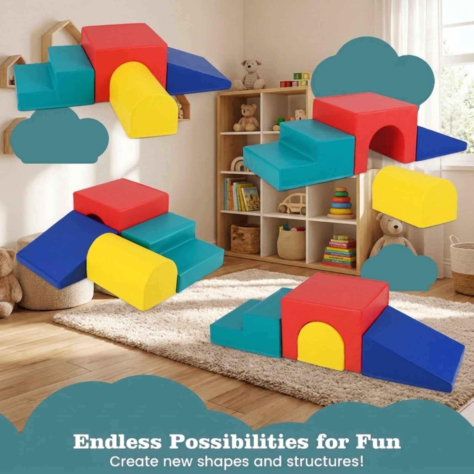 Redsmile Foam Climbing Blocks for Babies, Climb and Crawl Play Set with Tunnel Slide and Rocker, Soft Infant Play Gym, Red
