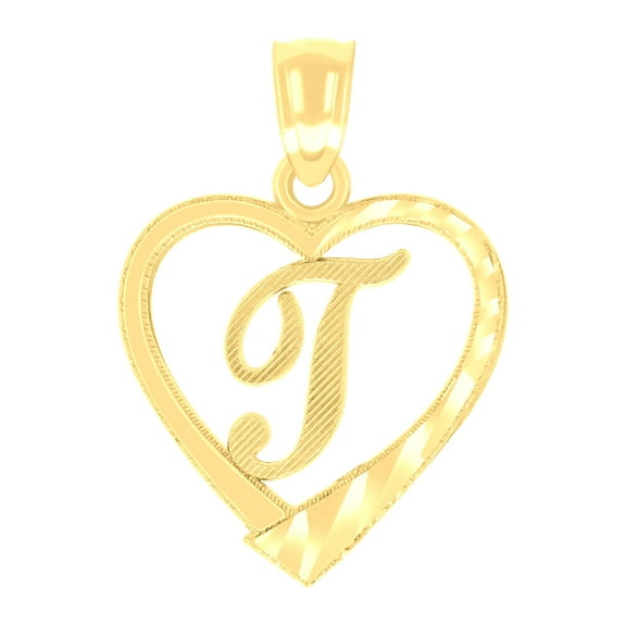 14k Yellow Gold Unisex Diamond-cut Unisex Initial Alphabet T Heart Charm Pendant for Men Women